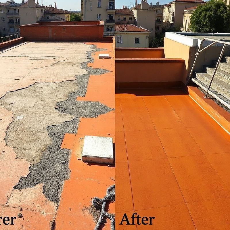 Antes y después de una cubierta plana impermeabilizada en Madrid