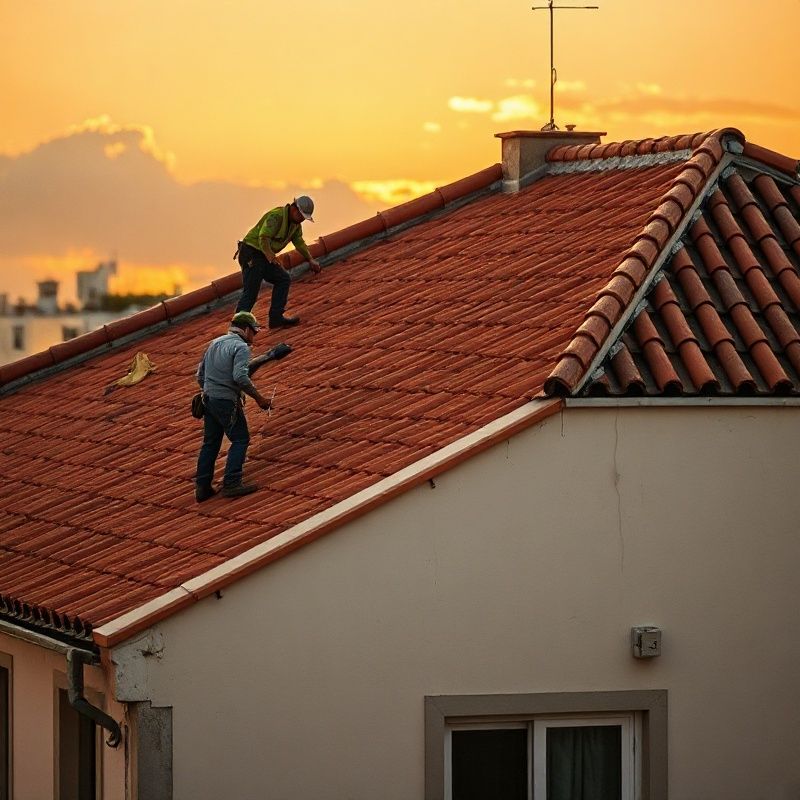 Dos operarios inspeccionando un tejado de teja en Madrid