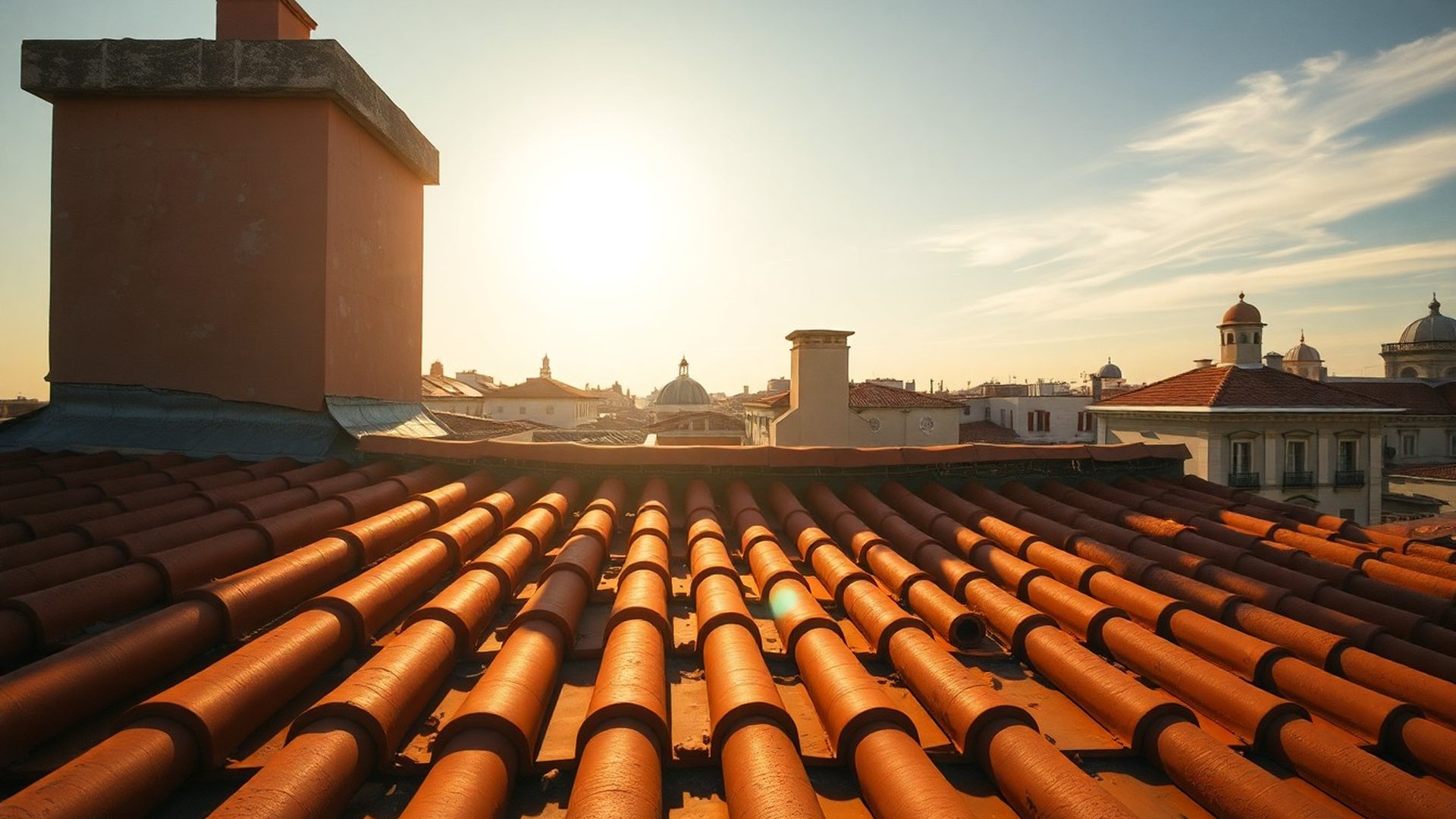 Rehabilitación de una cubierta en Madrid bajo luz dorada